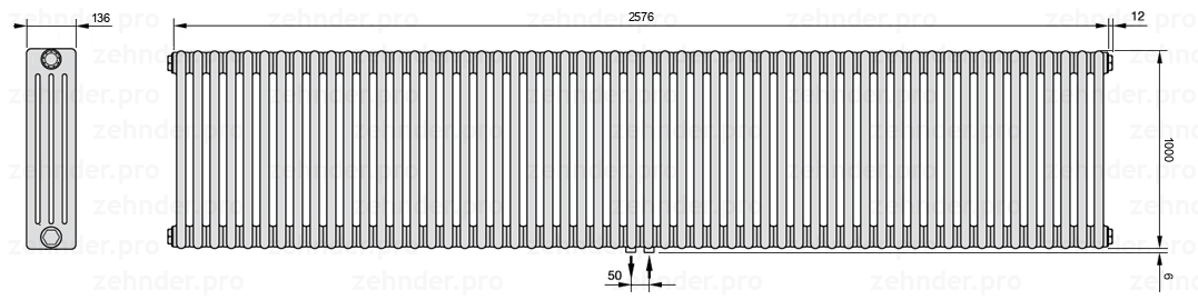 Схема (чертеж) Радиатор Zehnder Charleston 4100/56 №5410 Белый глянцевый RAL 9016